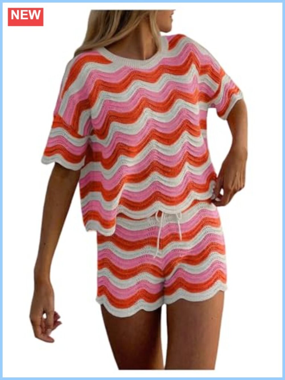 Crochet Knit 2-Piece Beach Cover-Up Short Set Crewneck Short Sleeve